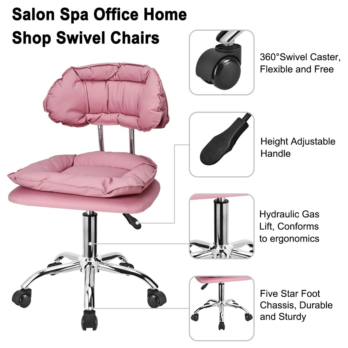 With Jostzaxin rolling stool backrest, home office rolling stool chair, thick seat cushion, nail shop salon spa massage tattoo, adjustable height for pink, pink chair, pink With Jostzaxin rolling stool backrest, home office rolling stool chair, thick seat cushion, nail shop salon spa massage tattoo, adjustable height for pink, pink chair, pink