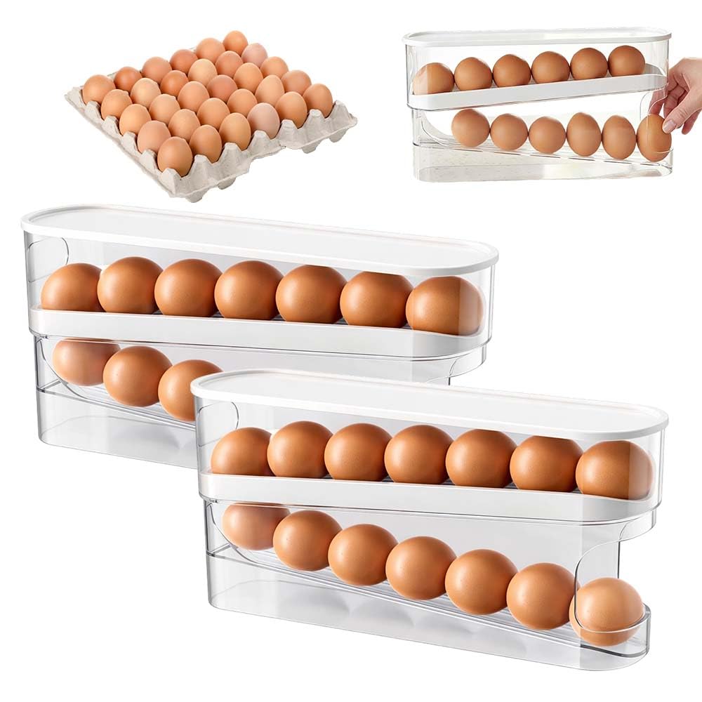 Ypzvx 2Pcs Egg Holder For Fridge,Refrigerator Egg Organizer,Slope Automatic Eggs Roller Dispenser, Kitchen Countertop Egg Storage Rack Space Saving,Double-Layer,Transparent (2Pcs)