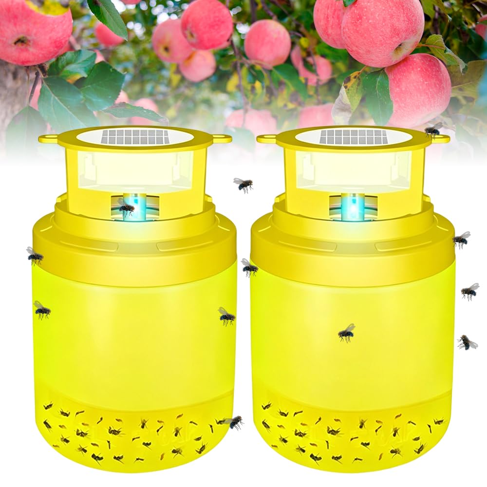 2 Pack Solar Wasp Trap, Yellow Jacket Catcher, Reusable Hanging Hornet Trap with LED Light, Bee Catcher Outdoor Hornet Traps for Garden, Camping, Farm, Patio, yellow