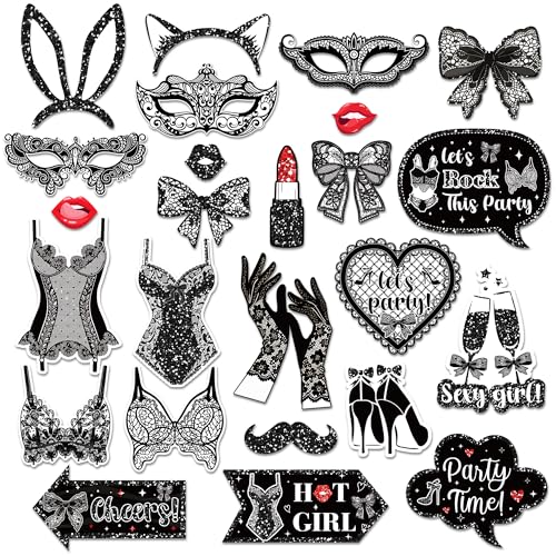 25 Pcs Lingerie Photo Booth Props for Lingerie Party Decoration Supplies, Bras and Panties Theme Selfie Props Black Lingeries Bridal Shower Photography Backdrop Decorations for Hen Night Bridal Decor