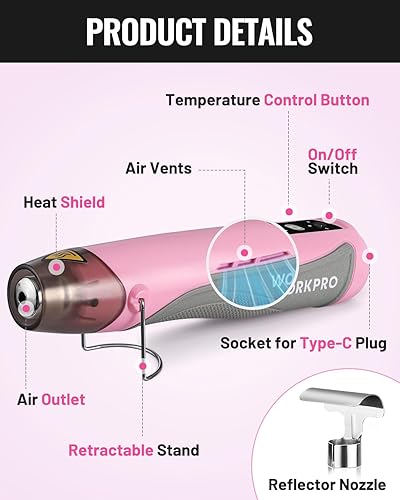 Miniatura 2 de WORKPRO Mini pistola de calor inalámbrica de 7.2 V, pistola de aire caliente de 680  con boquilla reflectora, 3 ajustes de temperatura, aire frío,
