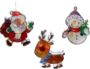 Christmas LED Window Light Decorations Fastened with Suction Cup or Hook, Battery Operated with on/Off Switch Holiday Theme 3 Piece Set, Reindeer, Santa, Snowman