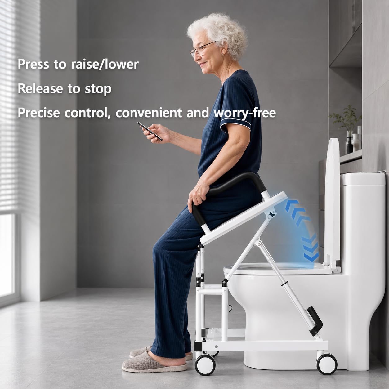 Sollevatore elettrico per sedile WC con braccioli e ruote, telaio di supporto per sollevamento adulto, capacità 200 libbre