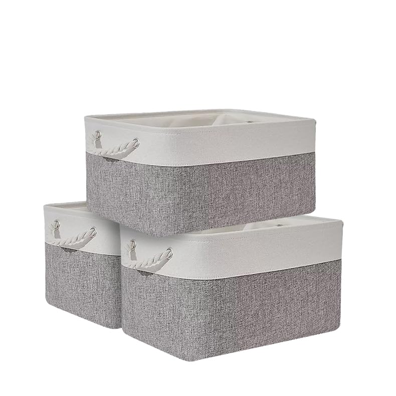 Foldable Storage Baskets for Organizing , Linen Closet Organizers,19×16in Closet Organizer Bins with Cotton Rope Handles,Fabric Basket,Storage Baskets for Shelves, Toys, Clothes, Office-Gray/Off White