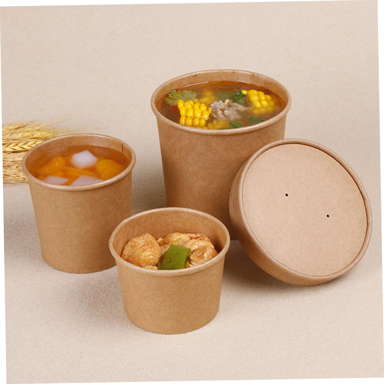 Einweg Suppenbecher 12 Oz 50 Stück aus Kraftpapier mit Deckel