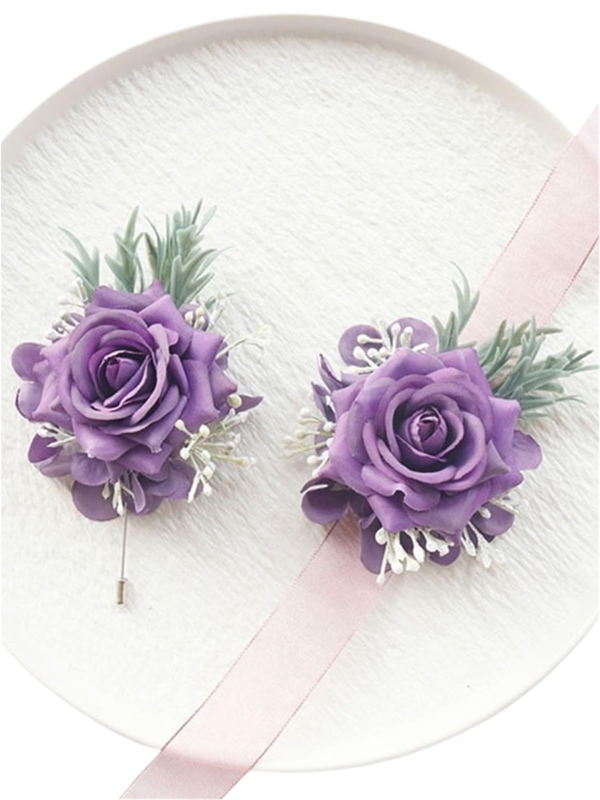 Corsages for Weddings 2Pcs Set Purple Rose Champagne Wedding Wrist Corsage and Boutonniere for Bride Bridesmaid Man Groom(Purple-2Pcs Set)