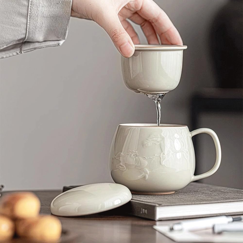 Filiżanka do herbaty i filtr z pokrywką, kubek ceramiczny zaparzający luźny liść herbata torba kawa mleko (szary)