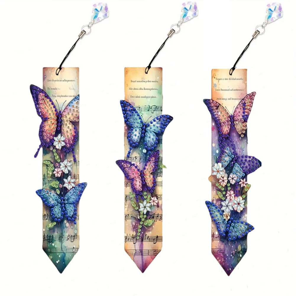 Sq056 3Pcs Music Sheet Butterfly Diy Diamond Art Bookmark,Pet Bookmark Folder Ornament Single-Sided Special Shaped Drill,Bookmarks Set Gift For Adults Book Lovers