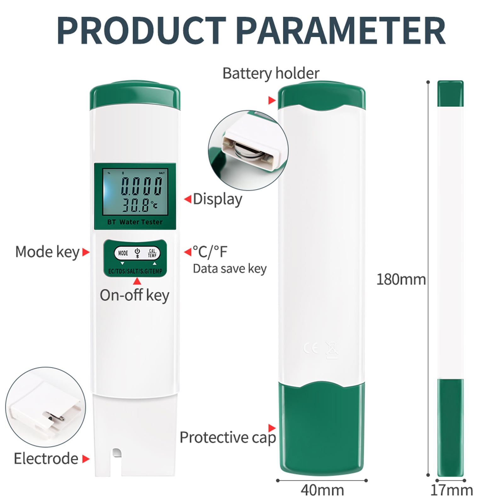 Pongnas Testeur de qualité Numérique 5 Pouces Compatible – Mesure le Sel EC et la Température avec App Sync, Sonde, Précision de ± 2% – Pour les Aquariums Hydroponiques, les Boissons et les Piscines