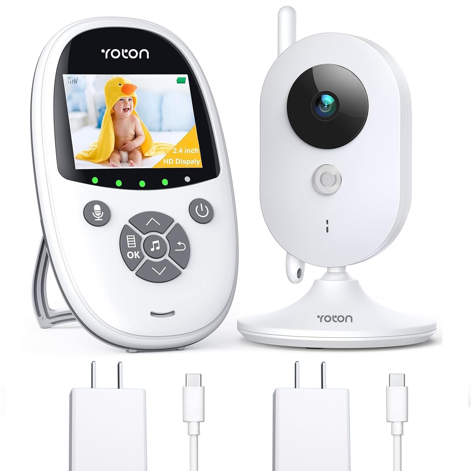 Monitor de cámara para bebé YOTON con cámara, visión nocturna, sin WiFi, cable de carga USB C de 1,8 m, pantalla de 2,4 pulgadas, conversación bidireccional, recordatorio de alimentación, sensor de temperatura y 8 canciones de cuna.