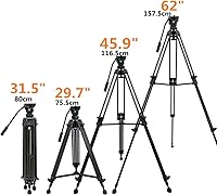 Vista 3 de Trípode de video profesional de aluminio resistente de 62 pulgadas/62.2 in, trípode de video de tubo doble, cabezal fluido de 360 grados, esparcidor