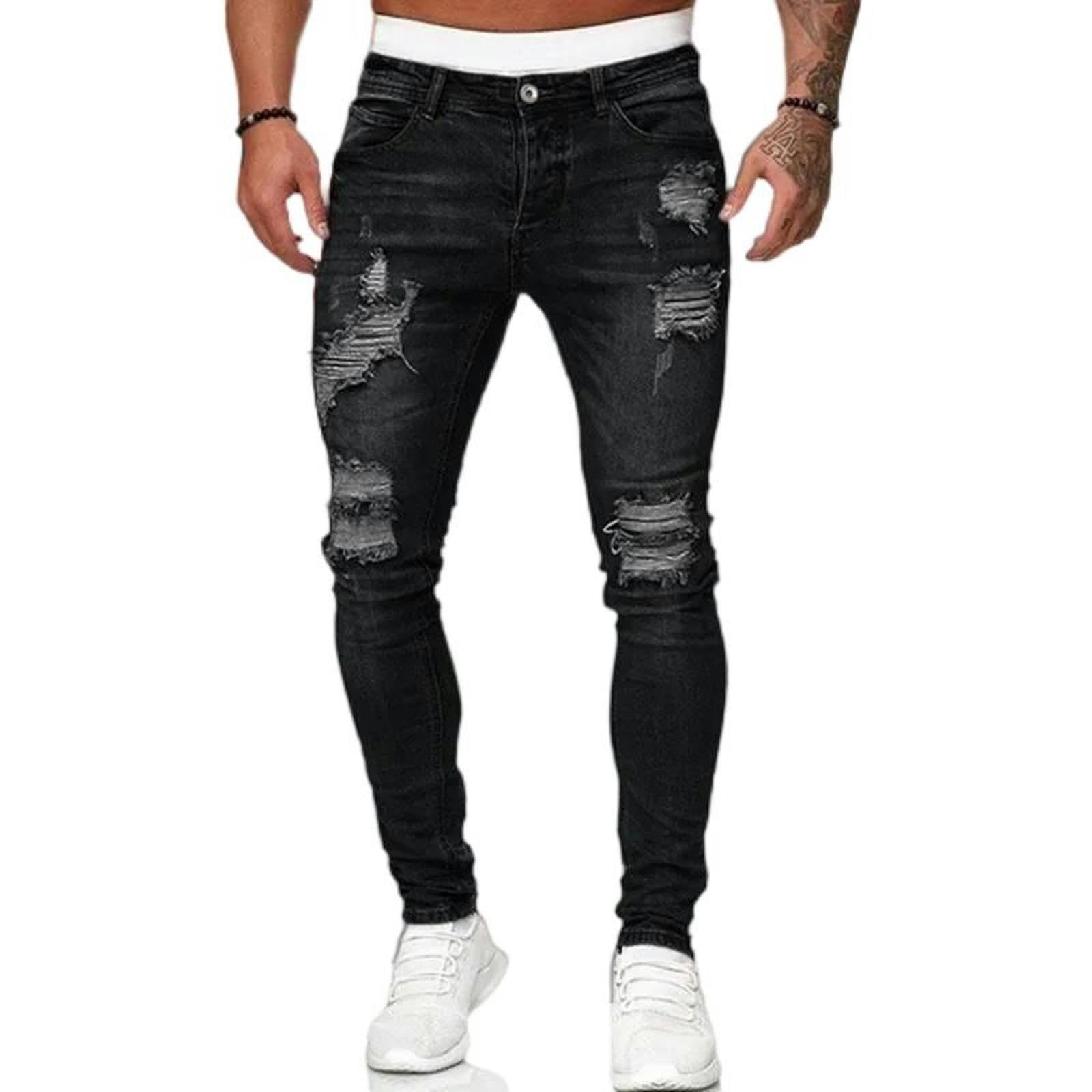 Jeans déchirés homme noir coupe crayon en denim délavé S