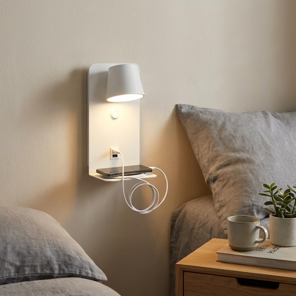 BARCELONA LED applique da parete LED bianca con USB e USB-C, lampada da lettura 6W orientabile 350°, con mensola per telefono, luce calda 2700K, per camera da letto, ufficio, scale, sala pranzo