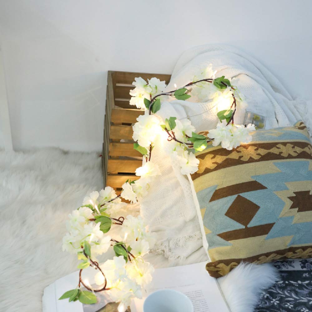 Fake Hydrangea Garland Light Artificial Flower Plants String Lights Battery Powered 6.6ft 20 LED Hanging Cherry Blossoms Fairy Light for Home Office Party Wedding Banquet Festival (White, 2)
