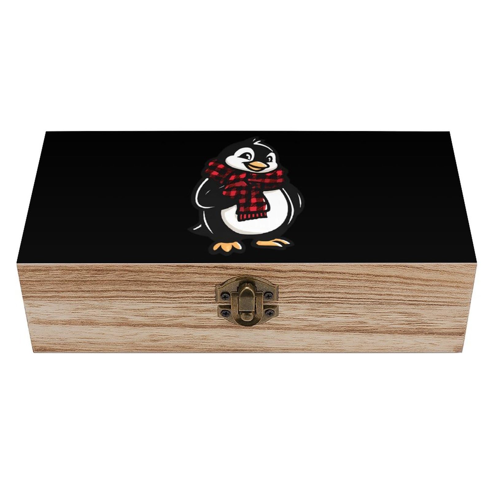 HLBSDM Winter Penguins Wooden Box with Hinged Lid Decorative Storage Case Container