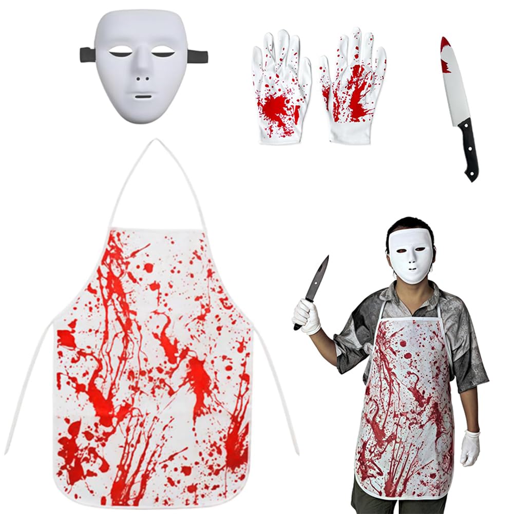 LGQHCE Butcher Halloween Costume Men with Bloody Apron, Costume Halloween Party Decorations, Butcher Apron Fake Knife Scary Tattoos, Axe Headband, Tattoo Stickers for Haunted House Decorations