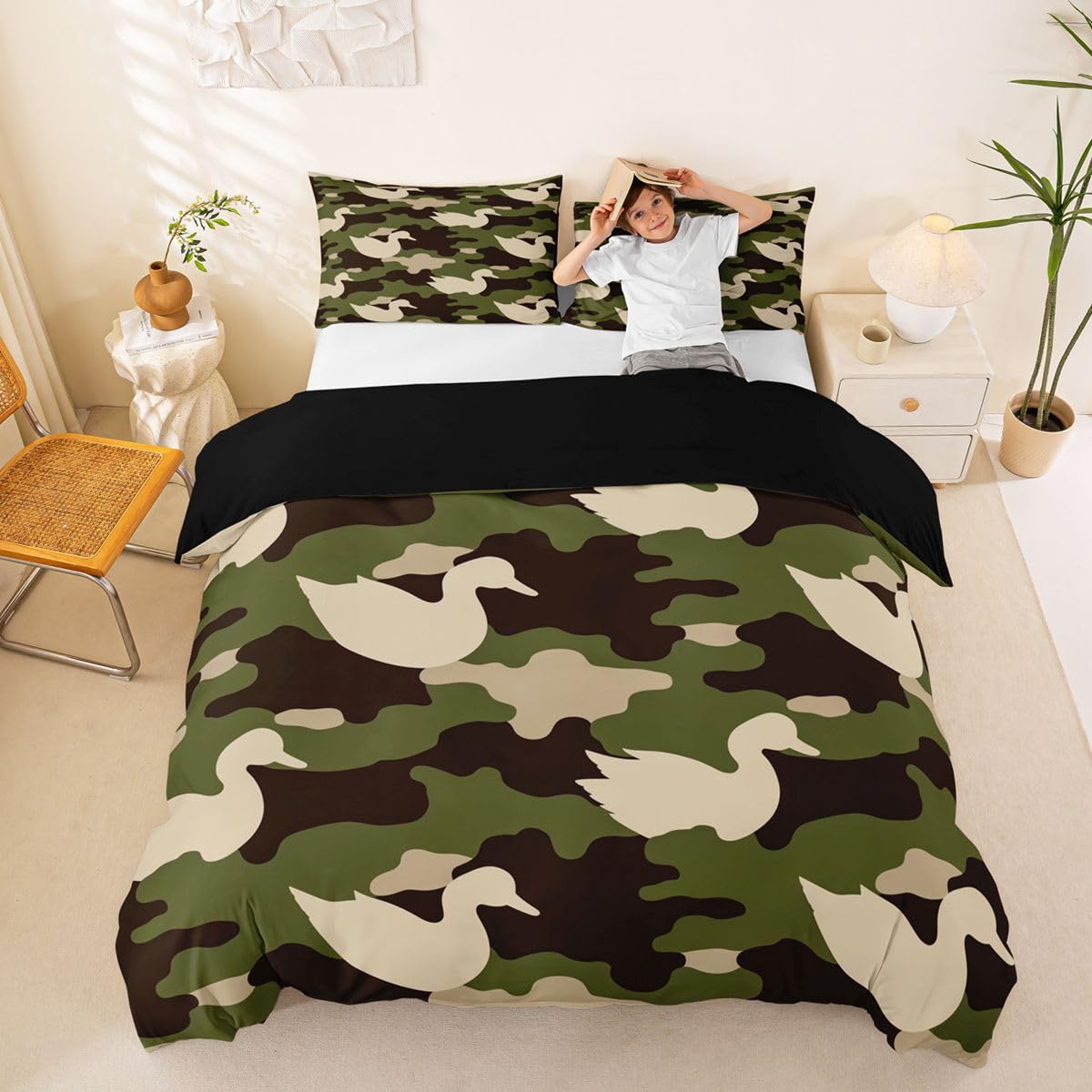 Homewish Wiejska kaczka moro king size zestawy poszewek na kołdrę dzika przyroda sylwetka krzyżówki pościel dla dorosłych nastolatków kobiet oliwkowa zieleń abstrakcyjny wzór wojskowa poszwa na kołdrę
