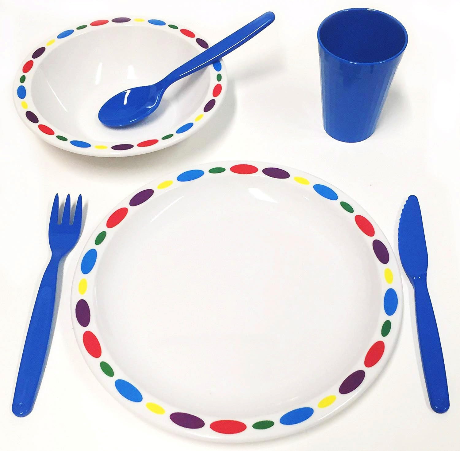 Harfield Children's Rainbow Pebbles Dinner Set (Blue) Plate, Bowl, Tumbler & Cutlery Reusable Virtually Unbreakable Polycarbonate Plastic