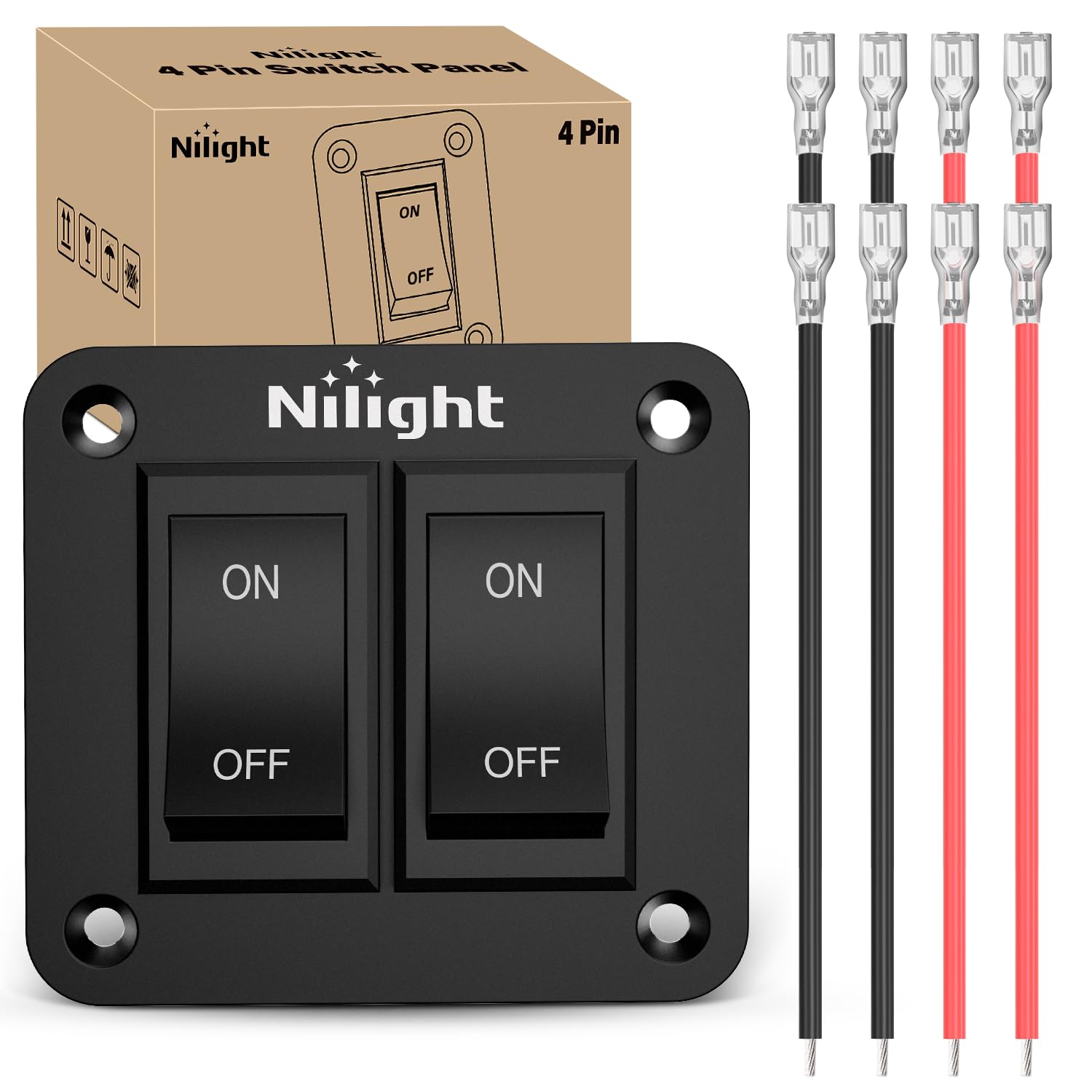 Nilight 2 Gang ON-Off Switch Panel 4 PIN DPST Toggle Switches 12V 20A Black Anodized Aluminium Shell Bracket with Screws Ternimals Jumper Wires Set