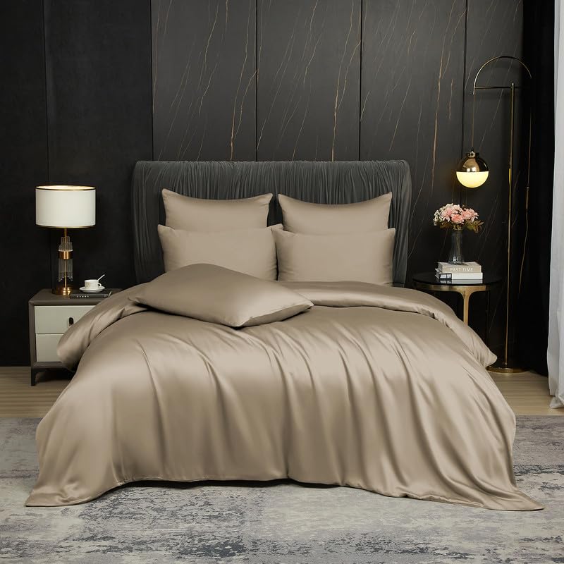 Gezu - Funda nórdica de bambú 220 x 240 cm, color marrón caqui, juego de cama de 220 x 240 cm, para adultos, 2 personas, fresco, Tencel Lyocell y ropa de cama de seda lisa, sedosa brillante, con 2