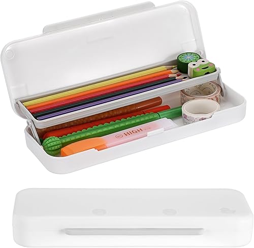 BTSKY Little Duck Caja de lápices de plástico de doble capa, organizador de caja de plástico con tamaño compacto para lápices, borradores, clips de