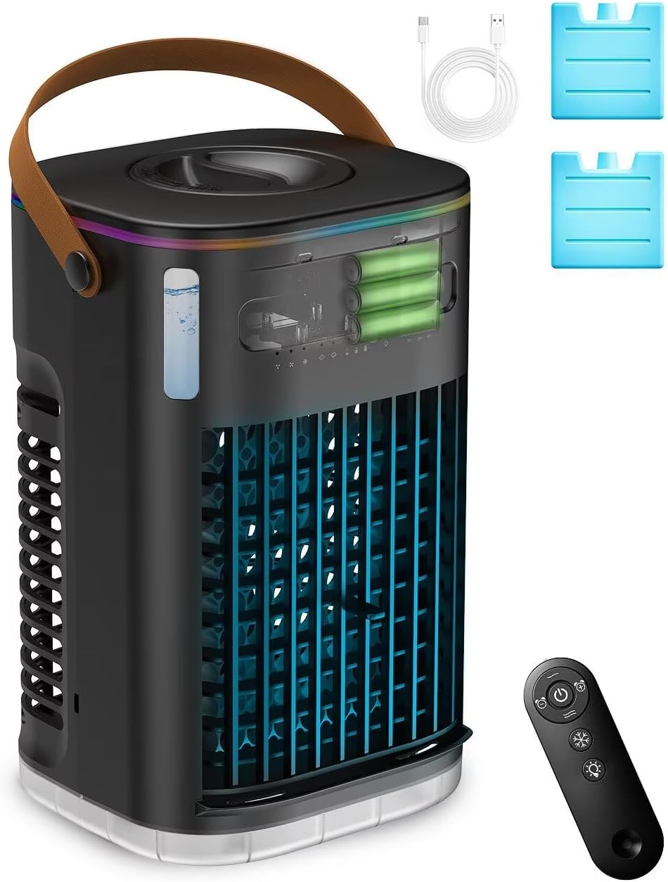 3-IN-1 Portable Air Conditioners, 5400mAh Built-In Battery Personal Evaporative Air Cooler Fan, Ice Packs & 1200ml Water Tank, 1-7h Timer & Remote, Mini Air Conditioner for Car Desktop Camping
