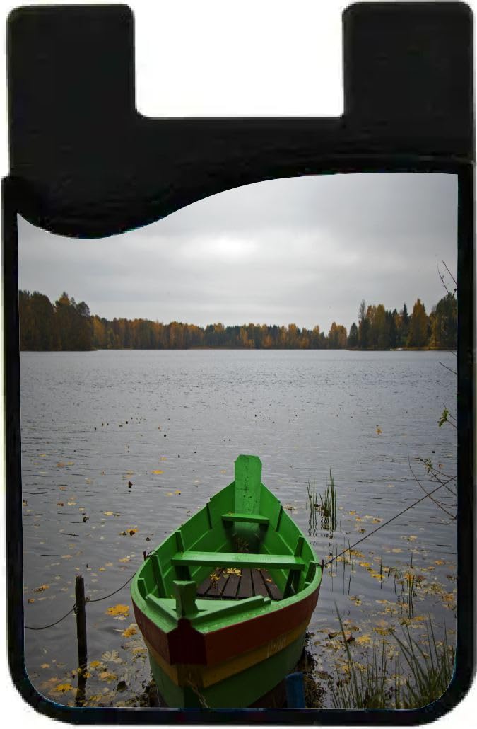 Island Gifting Neoprene Stick-on ID Card Holder for iPhone/Galaxy/Google Android Cases Featuring Image of Old Wooden Boats at Beach in Lithuania