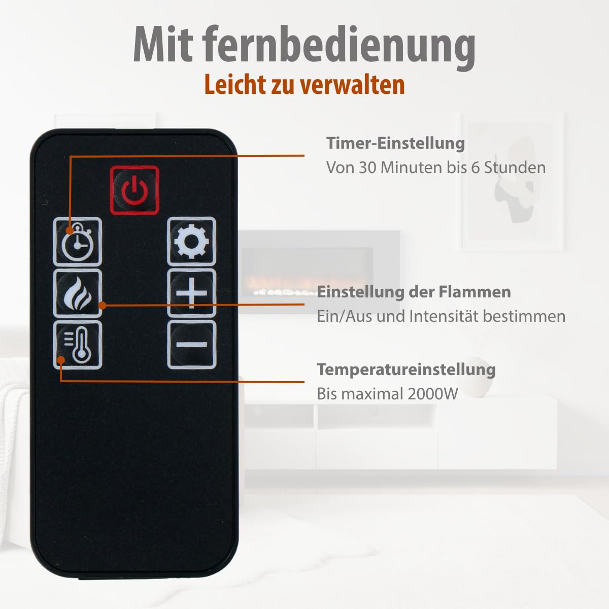 Vancouver Elektrokamin mit Heizung - Elektroheizung 105,5 x 48 x 12 cm - Elektroherd mit LED-Flammen - mit Heizung, Fernbedienung und Timer - 2000 W - Wandmontage - Schwarz