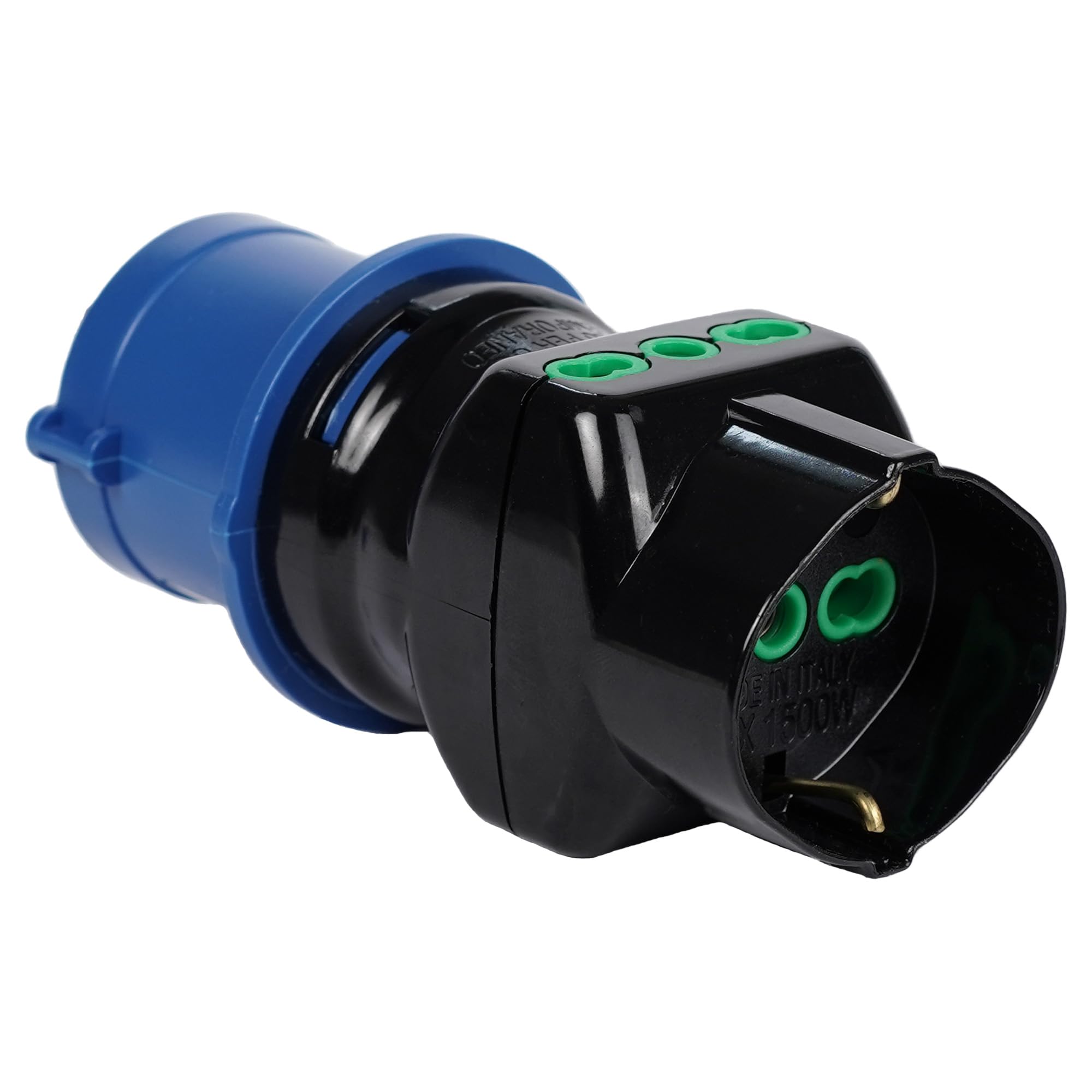 Fanton 78090-E Adapter przemysłowy, wtyczka 2P+T 16A 200-250V 6h IP44, 2 włoskie gniazda dwufazowe 2P+T 16A, 1 włoskie/niemieckie gniazdo dwufazowe 2P+T 16A