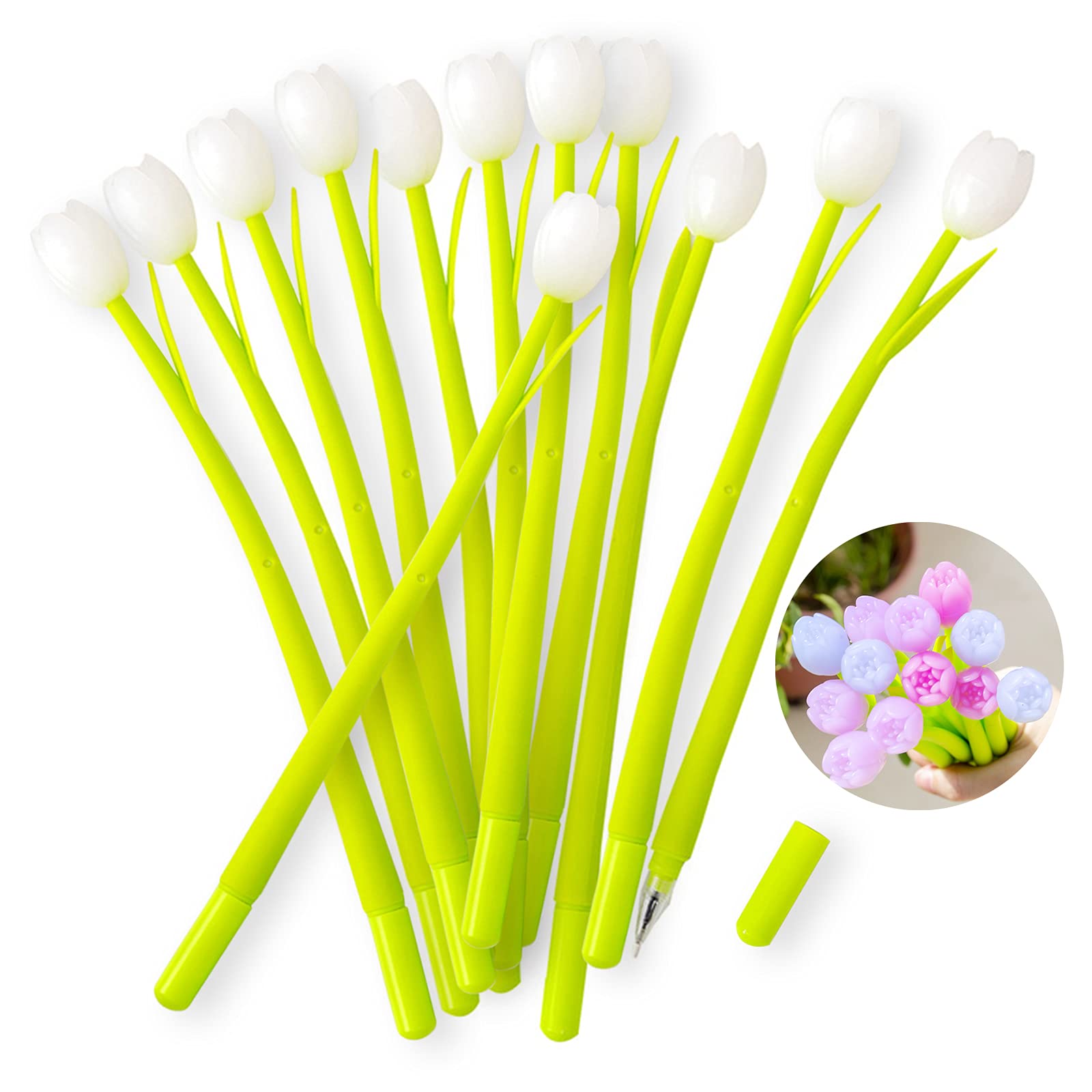 KRIZJUES 30 Pieces Color Changing Flower Pens, Gel Flower Pens 0.5mm Black Creative Gel Ink Rollerball Pen Tulip Ballpoint Pens Suitable for Home Office School Kids Teachers Present