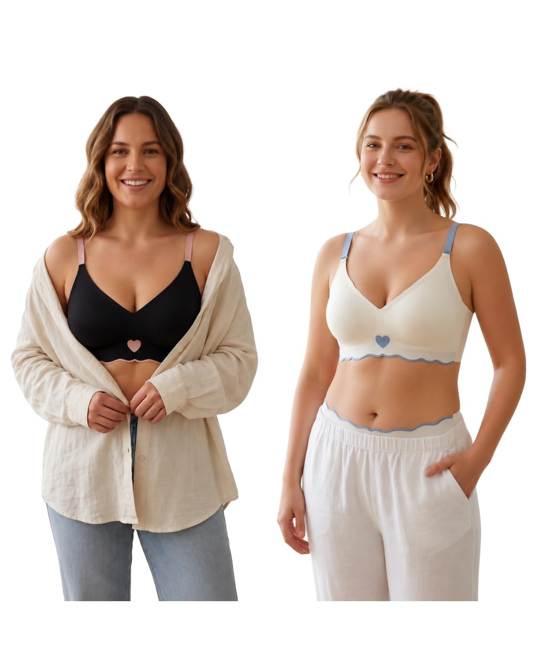 Women's Seamless Wirefree Bra Combo Pack of 2 Full Coverage Everyday Comfort Bras Soft Stretch Breathable Padded Bra Adjustable Straps Black & Ivory-picture-53