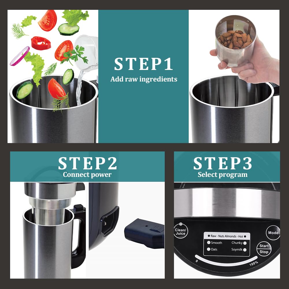 Macchina per Latte vegetale 800W, Macchina per preparare Il Latte di Noci con Filtro, Macchina per Latte di mandorle, soia, Noci, Porridge, succhi, frappè, Acciaio Inox 1,5 Litri