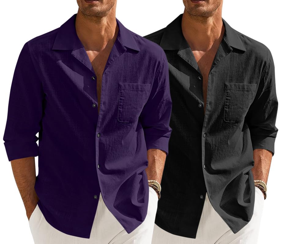Image of Combo of Men's Casual Cotton Blend Shirt || Long Sleeve Button Down with Spread Collar | Lightweight Breathable Fabric | Stylish Solid Shirt for Beach, Office & Everyday Wear Pack of 2