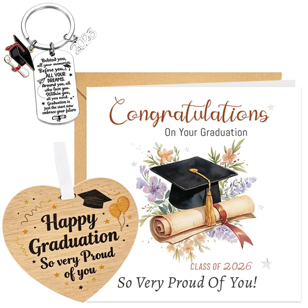 2026 Graduation Greeting Card Set, Including a Greeting Card, Envelope,Wooden Plaque, Keyring and Velvet Pouch. For your children or friends.At universityγSecondary SchoolγGraduation Parties.