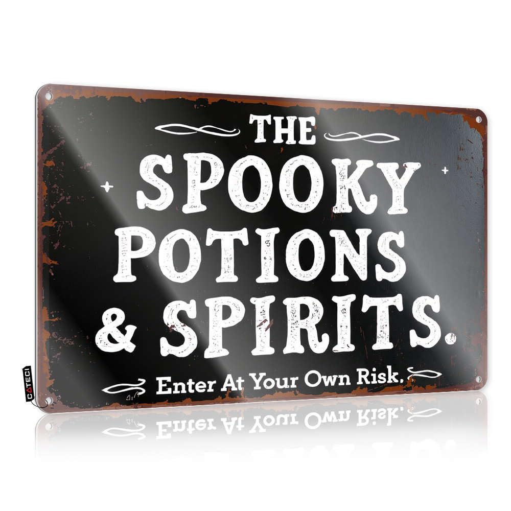 Fzfn Colour Industrial Art Rustic Wall Poster, Rustic Funny Quote Design For Shed Garage | Haves Anti-Rust Metal The Spooky Potions & Spirits Enter At Your Own Risk(20X30cm)