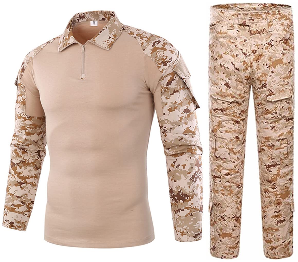 Uugood Men's Desert Military T-Shirt Trouser Combat Shirt Suits Camouflage Long Sleeve Uniform Sets Tactical Shirt Suits For Airsoft Paintball Hunting, M
