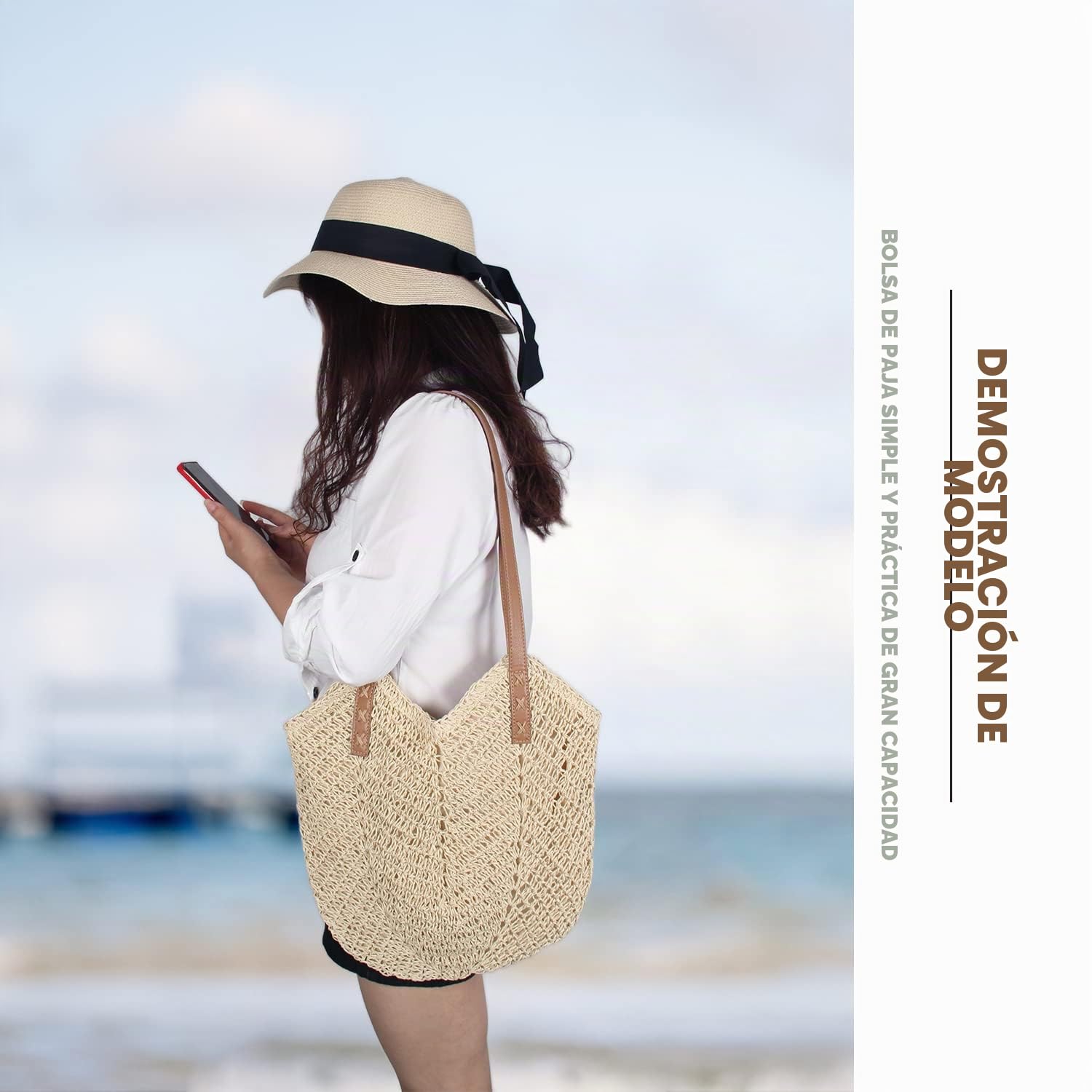 Bolso de Hombro de Paja para Mujer, Tejido a Mano, Bolso de Mano con Asa, de Playa de Verano, Cruzado Bohemio con Monedero