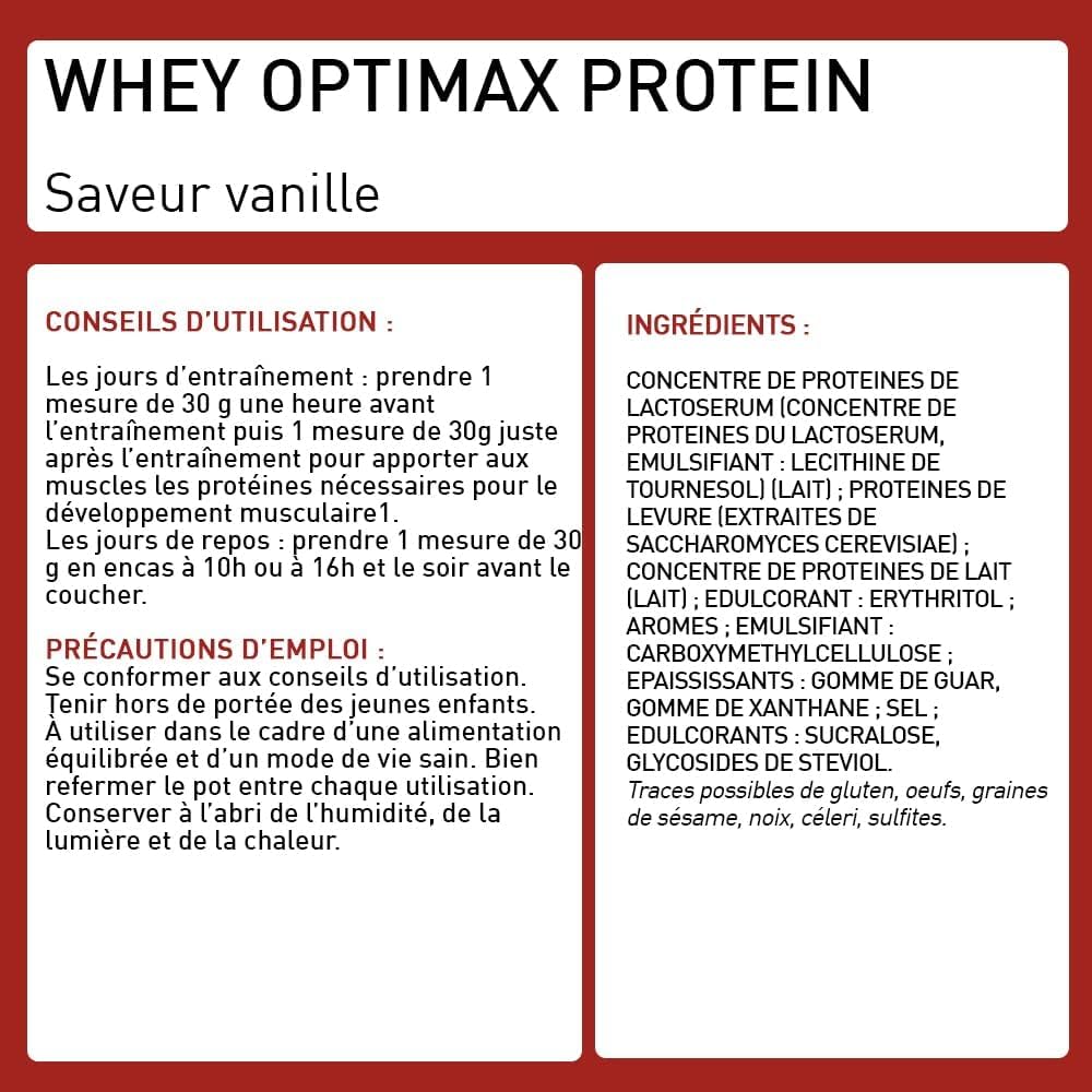 WHEY OPTIMAX PROTEIN +74% Protéines Bi-sources : WPC + Protéine Brevetée, 17g BCAA, 11g Glutamine, Peu Sucrée, Onctueuse - Idéal pour Prise de Masse Musculaire - 1,5kg - Saveur Vanille - Eric Favre