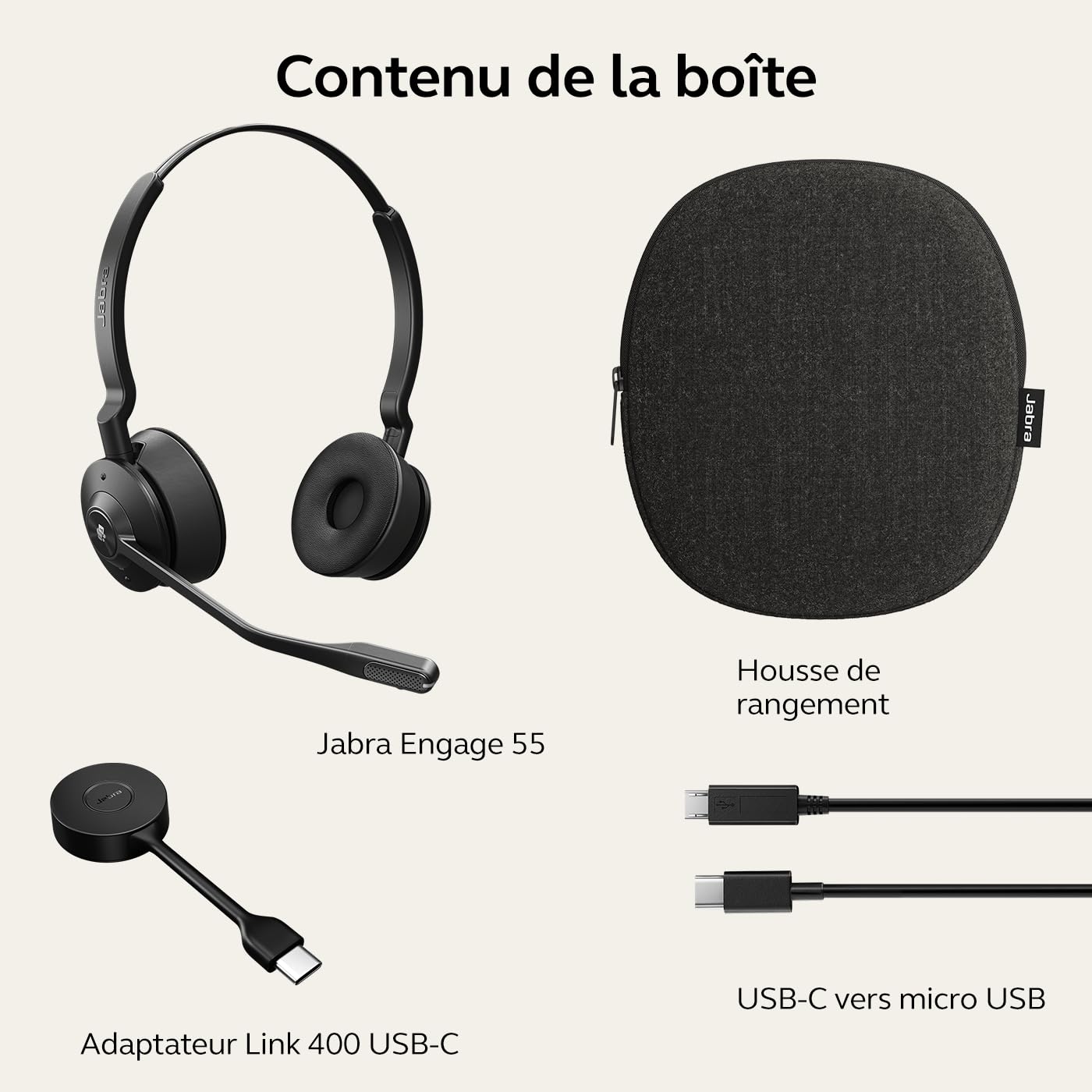 Jabra Engage 55 - Micro-casque stéréo sans fil avec adaptateur DECT USB-C Link 400, Microphone à réduction de bruit - Portée étendue et protection auditive - Certifié MS Teams - Noir