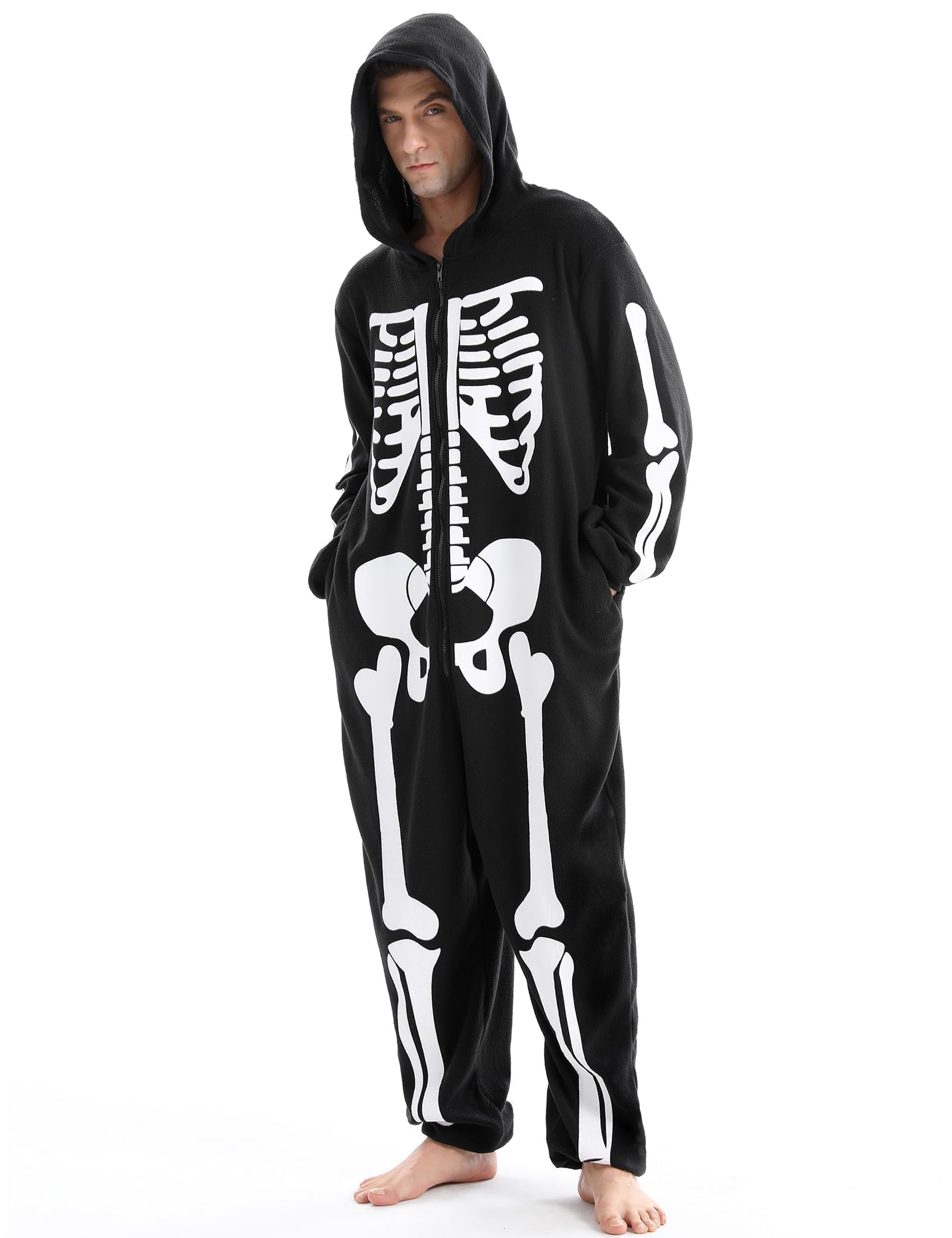 Men Halloween Skeleton Costume Onesie Jumpsuit for Adult Plus Size Cozy Pajamas Hoodie Outfit Suit Scary Cosplay