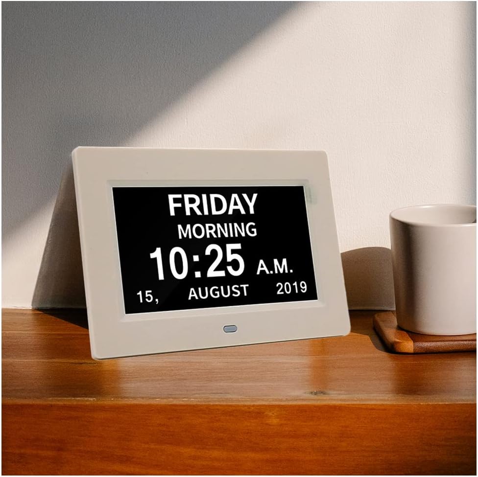 3 Colors Extra Large Impaired Vision Digital Clock with Day and Date for Elderly Calendar Day Clock Auto Dimmable Clock with Non-Abbreviated Year & Month Alarm Clock (7 inch White)