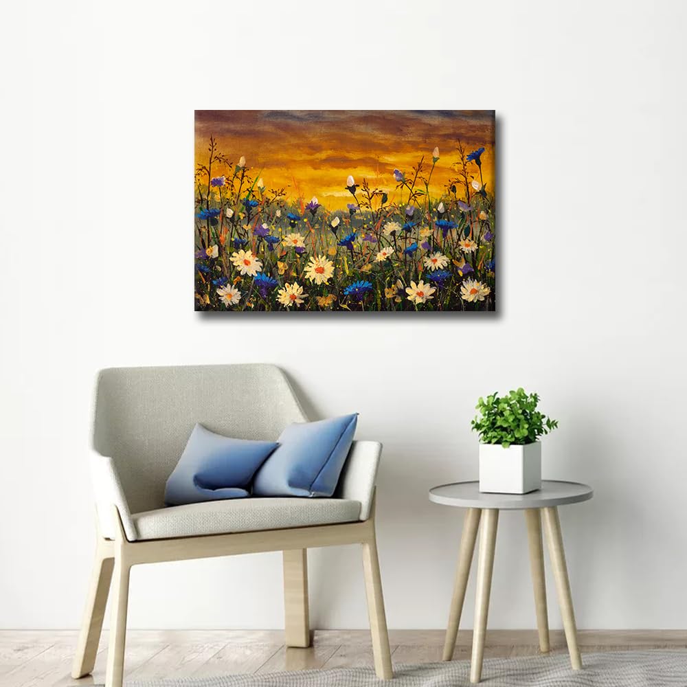 TISHIRON Wall Art Canvas Prints,White and Blue Cornflowers Oil Paintings Prints Landscape Impressionism Artwork Daisies Flowers Framed for Living Room Bedroom Home Decor 16x24 in - Image 4