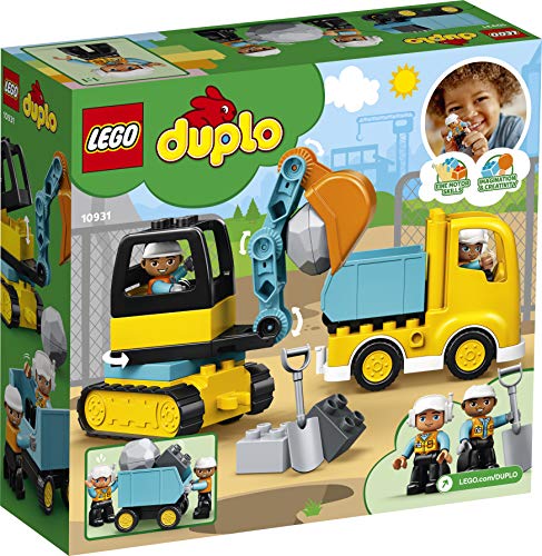 LEGO 10931 Duplo Camión y Excavadora con Orugas, Juguete Educativo de Construcción para Niños de 2 Años o Más con 2 Figuras de Trabajadores y Roca