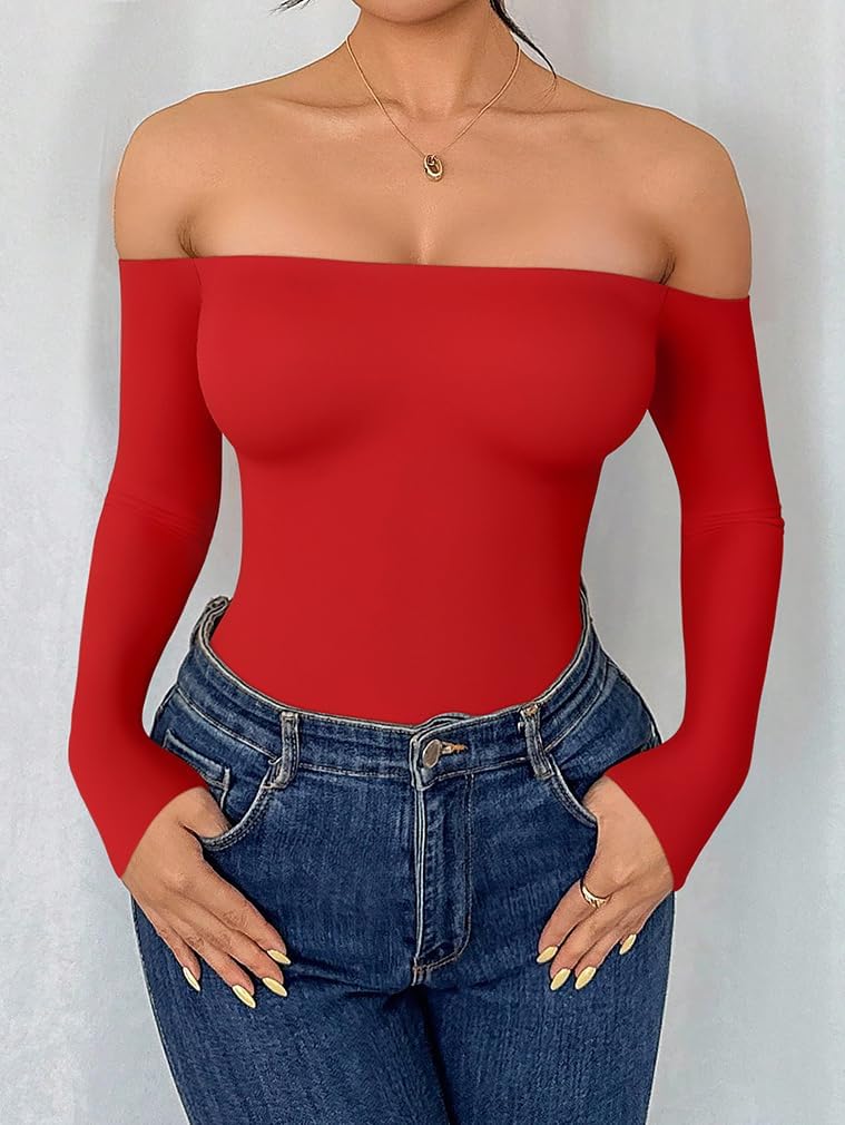 HYZ Women's Sexy Off The Shoulder Long Sleeve Backless Basic Going Out Thong Bodysuit Tops - Image 5