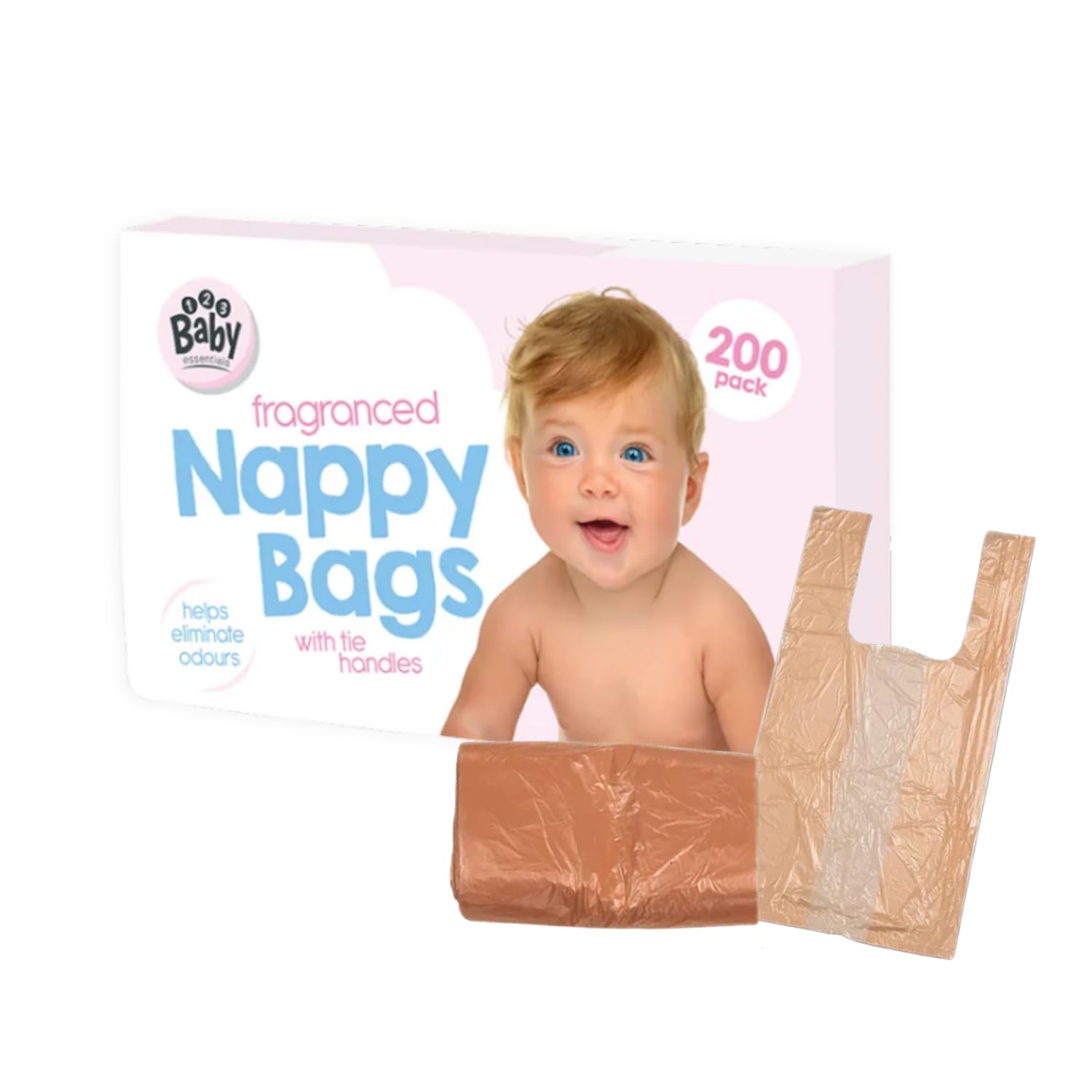 Fragranced Nappy Bags 200 Pack with Tie Handles, Scented Nappy Sacks for Hygienic and Discreet Disposal of Nappies, Wipes and Waste, Baby Bags 31 x 28cm
