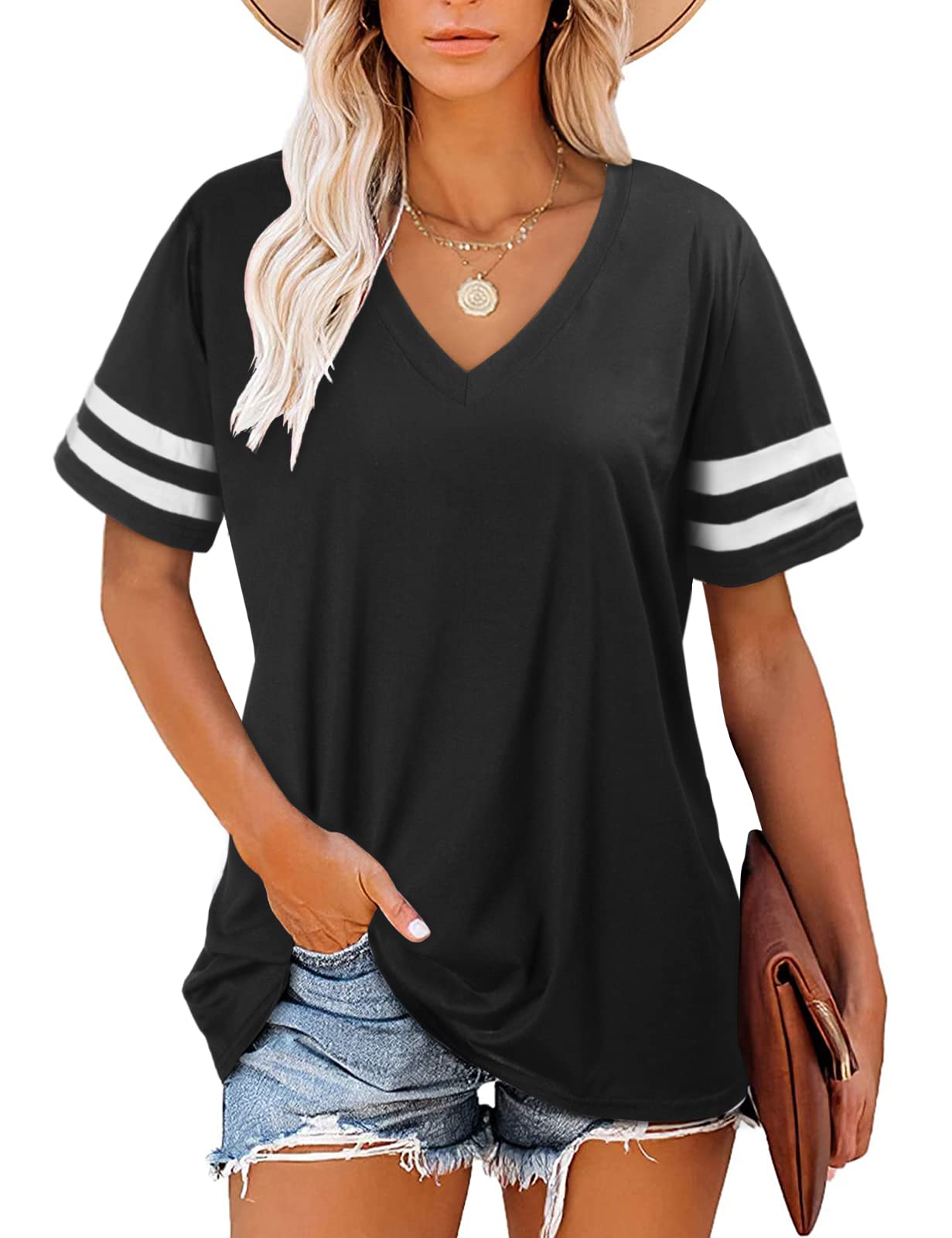 UMIPUBO Mujer Blusas y Camisa Cuello V Camisetas Verano Manga Corta Casua T-Shirt Short Sleeve Shirt Suelta Tops