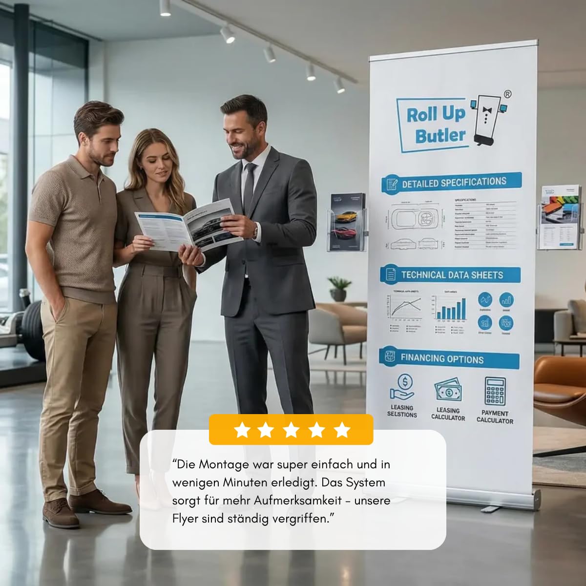 Flyerhalter mit 2 DIN-lang Akrylboxen für Roll-Up – Prospekthalter für Flyer, Broschüren & Tablets – für Messe, POS & Verkauf (Breiter Flyerhalter für Roll-Ups)