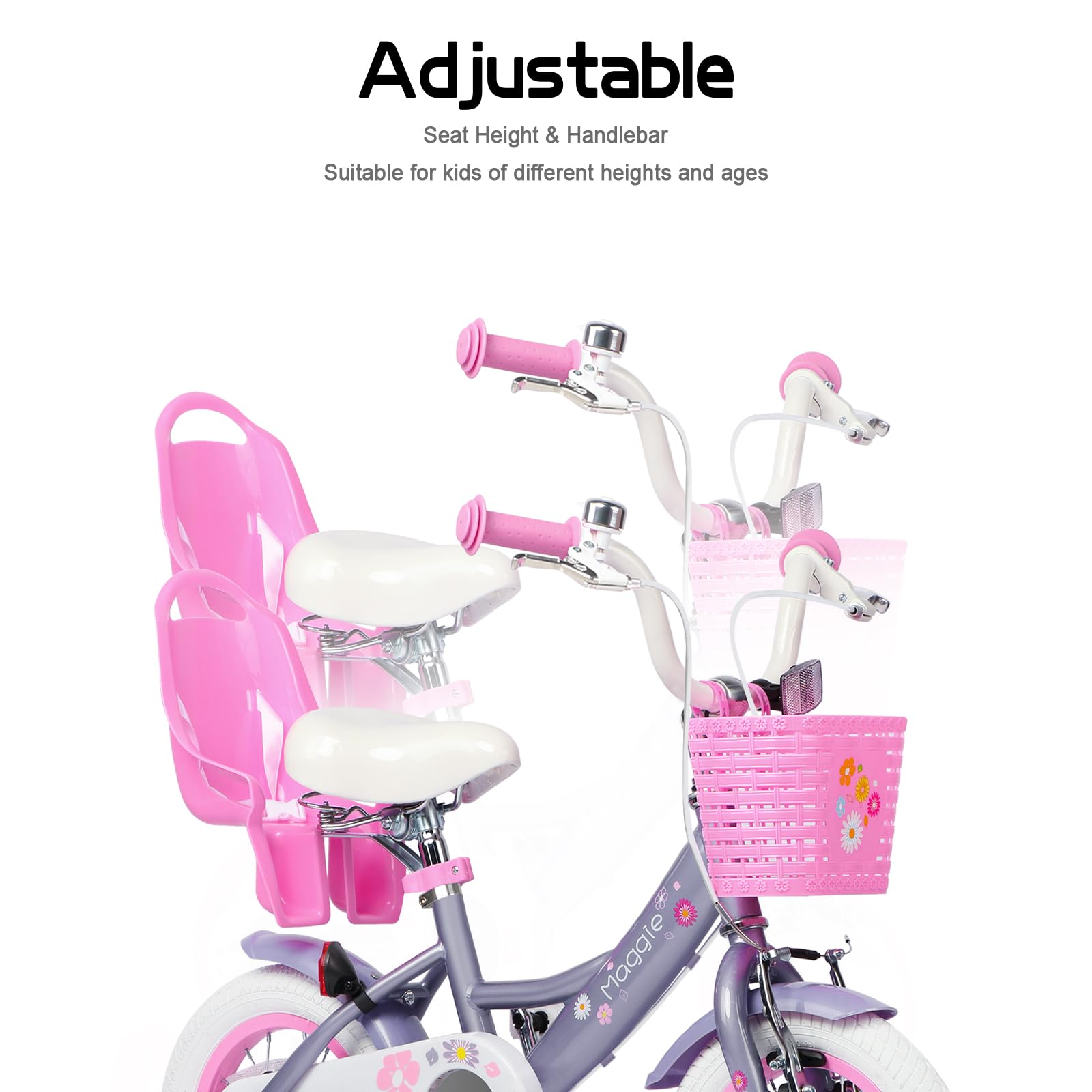 Glerc Maggie 12 14 16 20 Pouces vélo pour Enfants pour Les Filles de 2 à 13 Ans, vélo de Style Princesse pour Tout - Petits avec siège de poupée, Panier, stabilisateur et Support, Plusieurs Couleurs