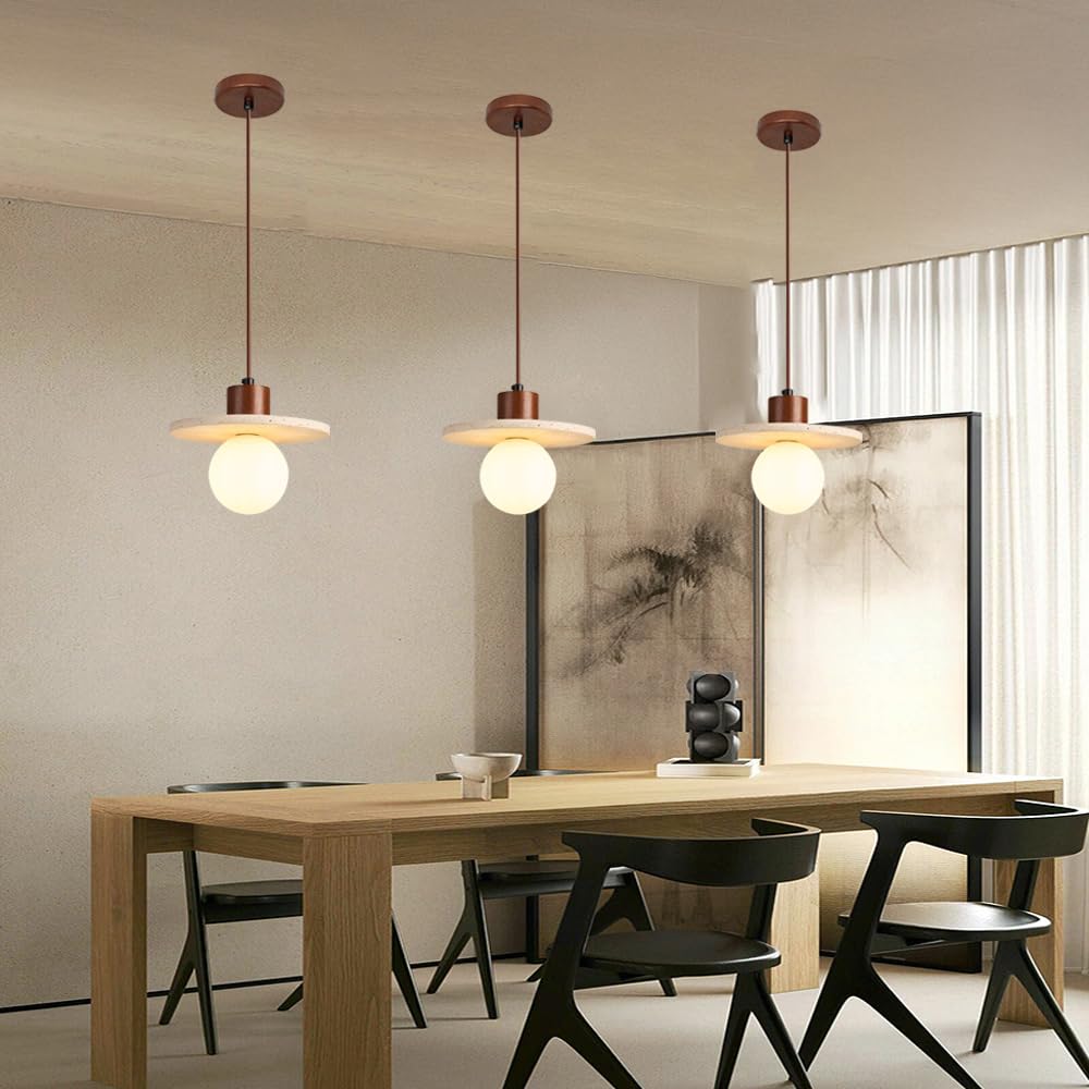 Lampada a sospensione Wabi Sabi in travertino giallo, lampada a in pietra naturale giapponese da 7,8 pollici, paralume in vetro con base G9 regolabile in altezza