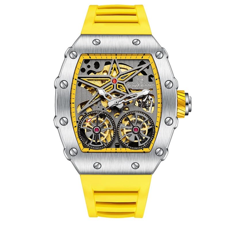 Giordano Luxury Automatic Watch for Men – Mechanical Skeleton Dial, Dual Gear Display,Silicon Strap